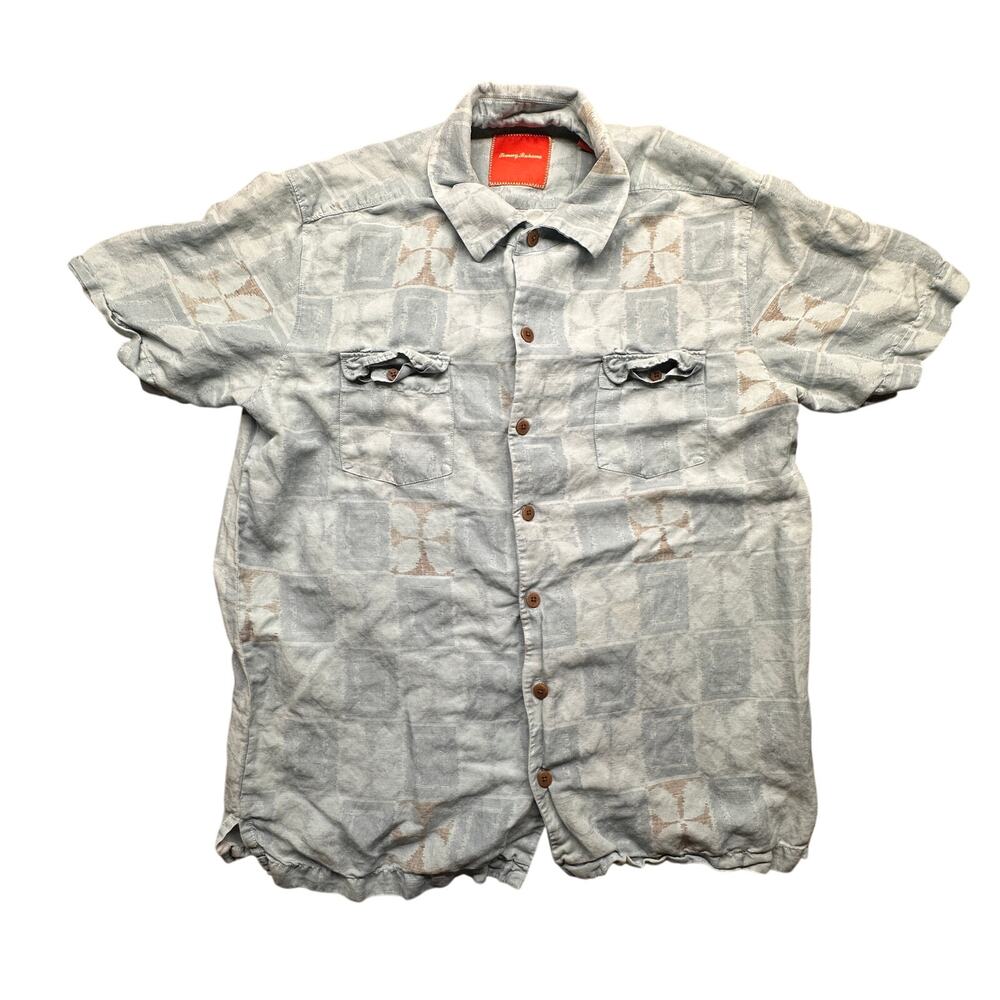 Tommy Bahama Silk Geometric Hawaiian Short Sleeve Shirt Mens Large Blue Gray